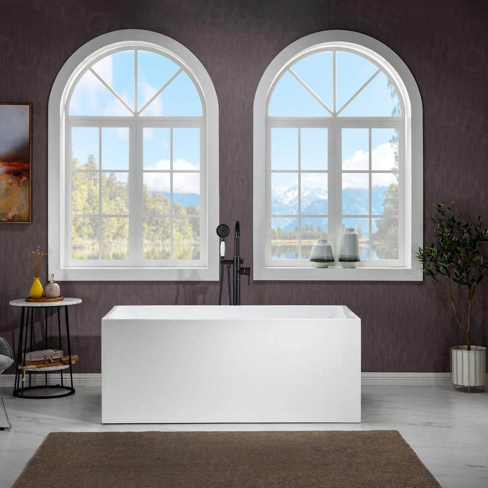 59'' White Acrylic Freestanding Rectangular Soaking Bathtub