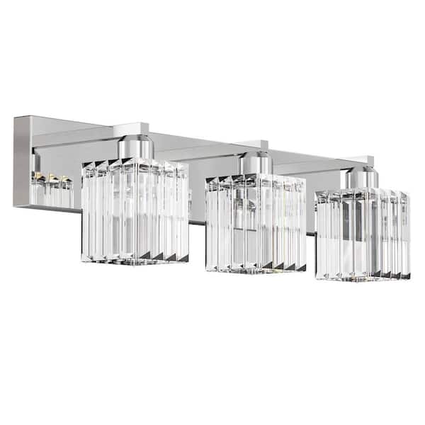 YANSUN 24 in. 3-Light Elegant Crystal Bathroom Integrated LED Vanity Light, Chrome Finish with Clear Glass Shades