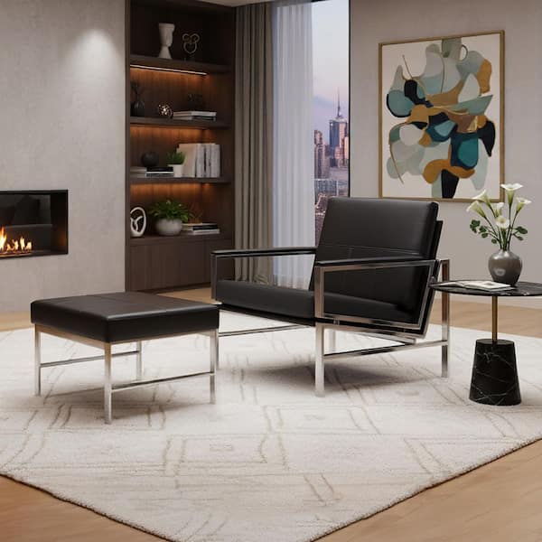 Atlas Signature Black/Chrome Genuine Leather Accent Arm Chair and Ottoman Set with Metal Frame