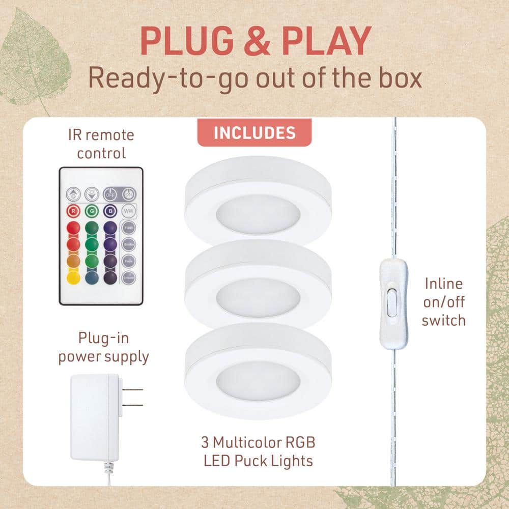 White Multicolor LED Puck Light Kit with Remote, 3-Pack