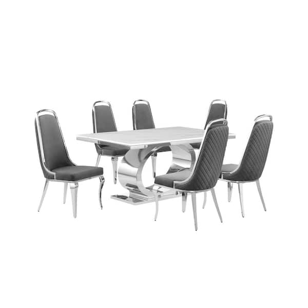 Best Quality Furniture Ibraim 7-Piece Rectangle White Marble Top With Stainless Steel Base Dining Set With 6-Dark Grey Velvet Chrome Iron Chair