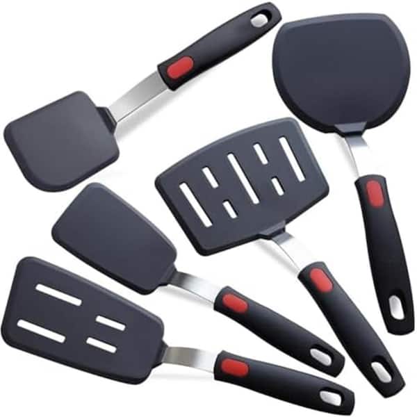 Red Silicone Spatula Turner Set 5-Pack Heat Resistant Nonstick Utensils for Egg Pancake Dishwasher Safe 600°F