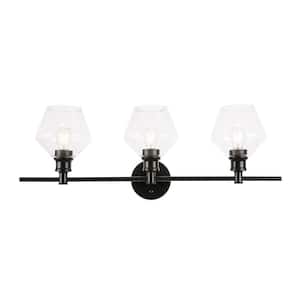 Timeless Home Grant 28.1 in. W x 10.2 in. H 3-Light Black and Clear Glass Wall Sconce