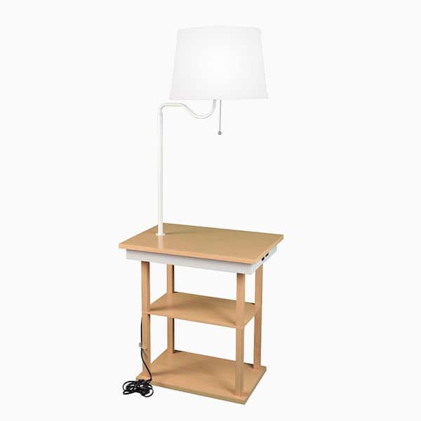 Natural Wood Shelf Lamp, White End Tables With Built In Lamps