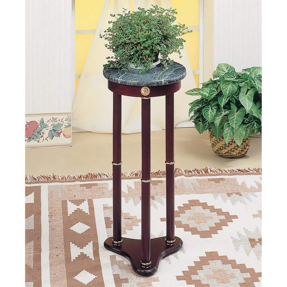 Merlot Finish 12" Round Green Marble Top Traditional Plant Stand