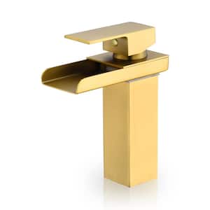 Sassor Single-Handle Single-Hole Waterfall Bathroom Faucet in Brushed Gold
