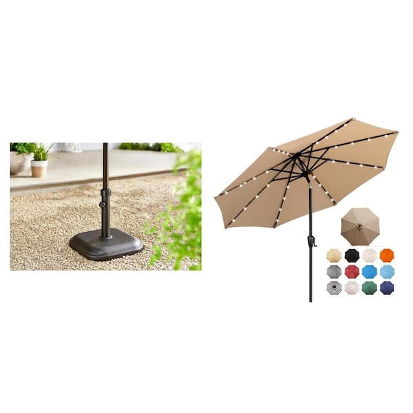 9 ft. Taupe Solar Lighted Patio Umbrella and 26 lbs. Black Umbrella Base