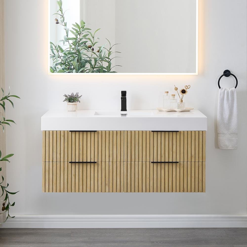 Livia 48" Nature Brown Fir Wood Wall-Mounted Vanity with White Sink