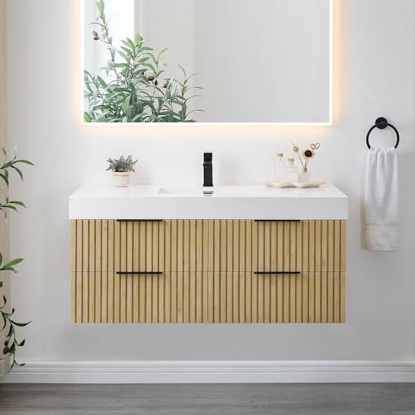 Livia 48 in. W Single Sink Floating Bath Vanity in Nature Brown with White Stone Top