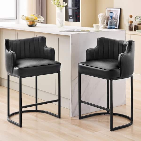 36 in. Black Counter Bar Stool with Faux Leather Upholstered Seat (Set of 2)