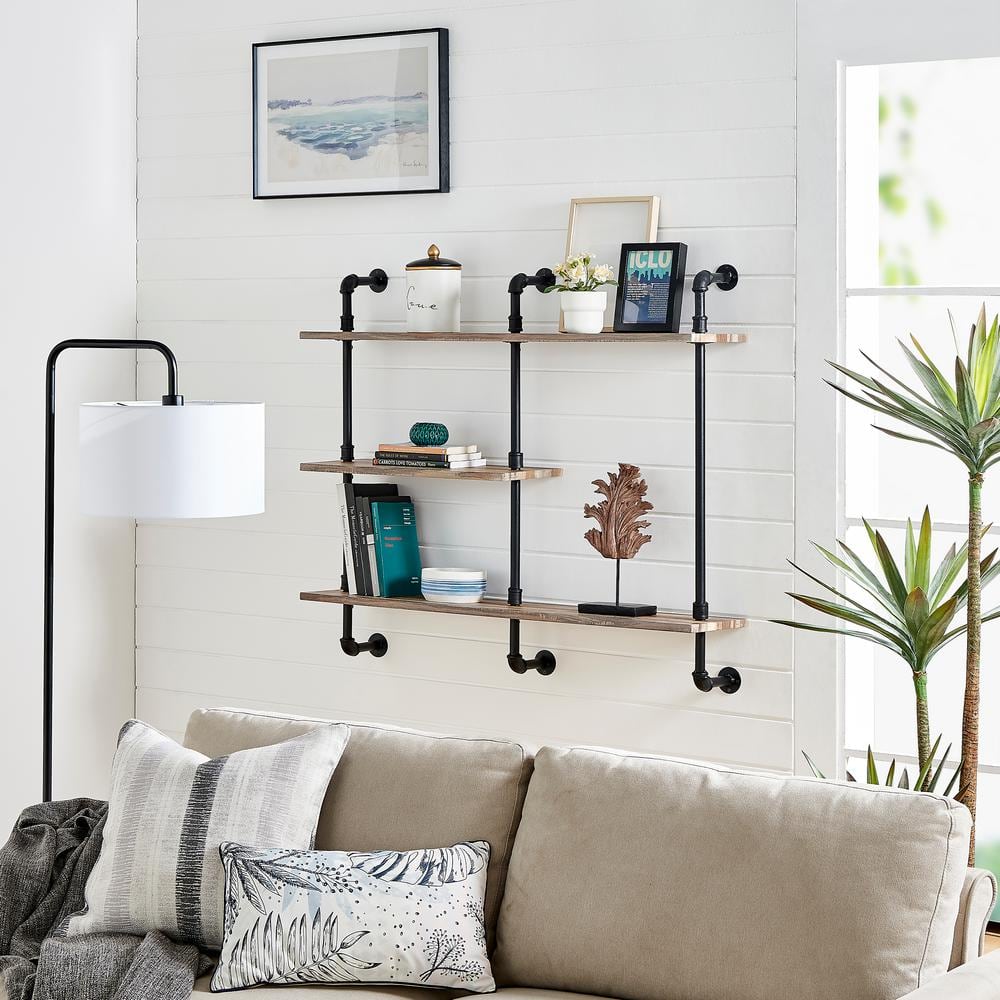Aurora Rustic Black Iron and Wood 3-Tier Wall Shelf