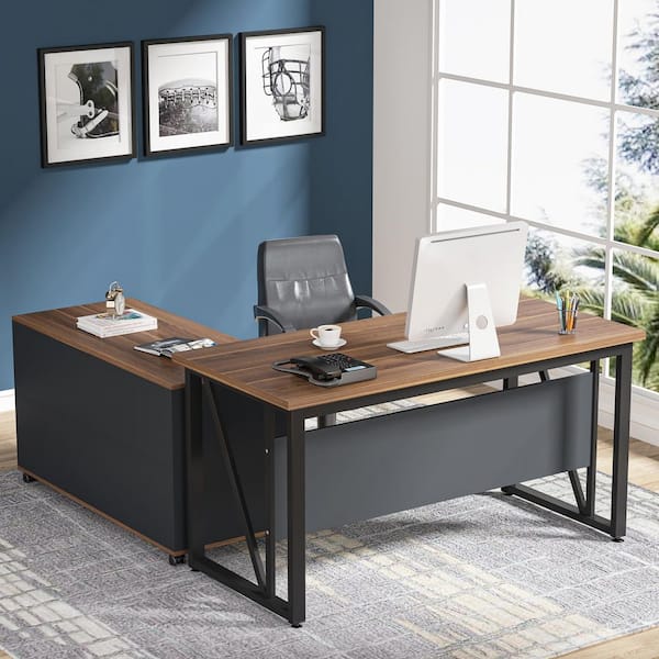 BYBLIGHT Lanita 55.1 in. L Shaped Desk Brown and Black Engineered
