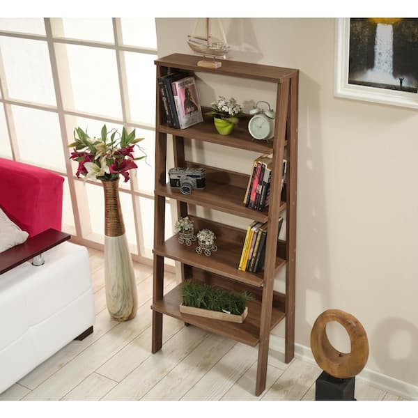 Modern Solid Wood 5-Tier Shelf Ladder Bookcase in Walnut