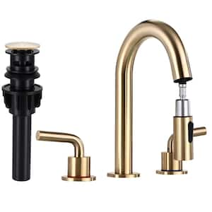 8 in. Widespread Bathroom Faucet 3 Hole with Pull Out Sprayer, Bathroom Sink Faucet with Pop-Up Drain in Brushed Gold