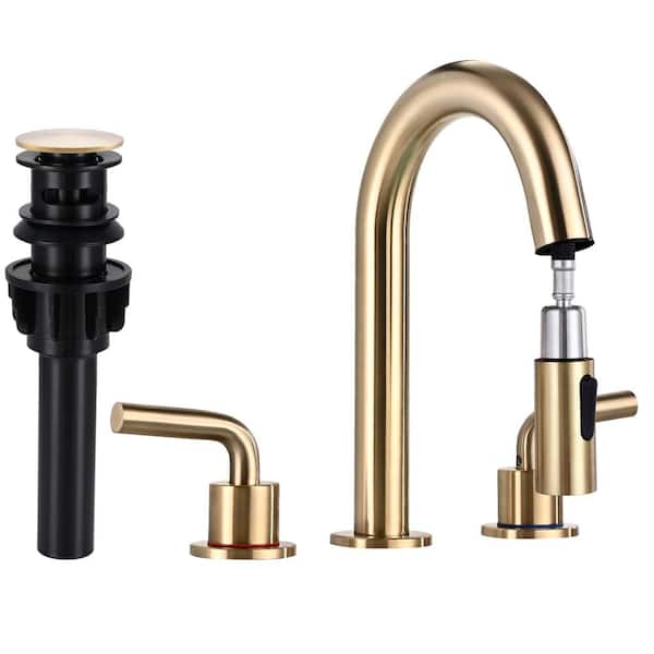 AKLFGN 8 in. Widespread Bathroom Faucet 3 Hole with Pull Out Sprayer, Bathroom Sink Faucet with Pop-Up Drain in Brushed Gold