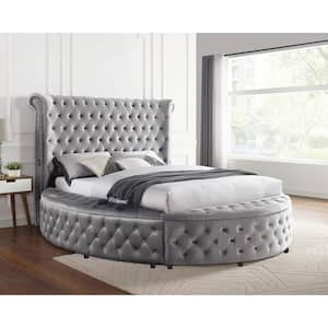 Sugarly Glam Gray Wood Frame Velvet King Platform Bed With Storage and Slat Kit