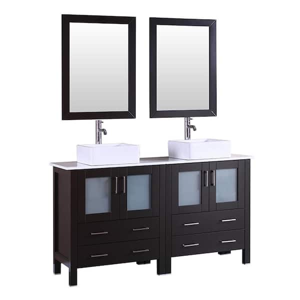 Bosconi 60 in. W Double Bath Vanity with Pheonix Stone Vanity Top in White with White Basin and Mirror