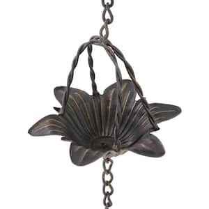 Lily Flower Style 6.5 ft. Bronze Metal Rain Chain for Gutters with Scalloped Edges and Wide Mouth Cups