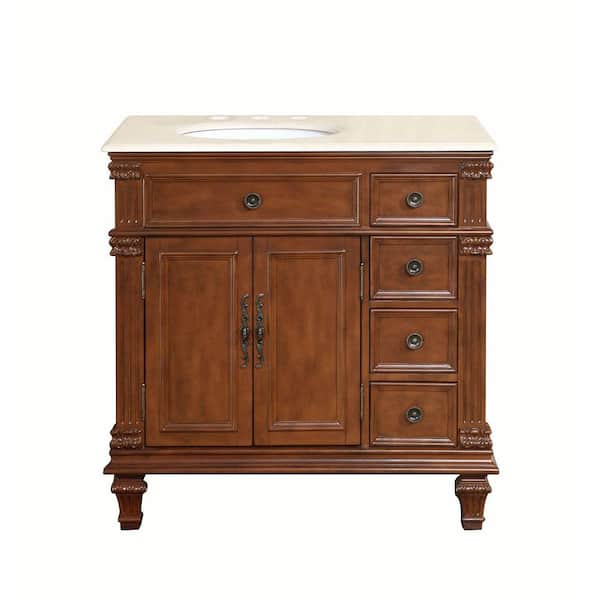 Silkroad Exclusive 36 in. W x 22 in. D Vanity in Vermont Maple with Marble Vanity Top in Crema Marfil with White Basin