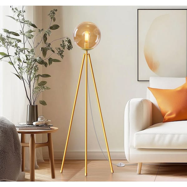 61" Paint Gold Tripod Floor Lamp Modern Standing Lamp with Glass Shade Footswitch E26 LED Bulb for Living Room Bedroom