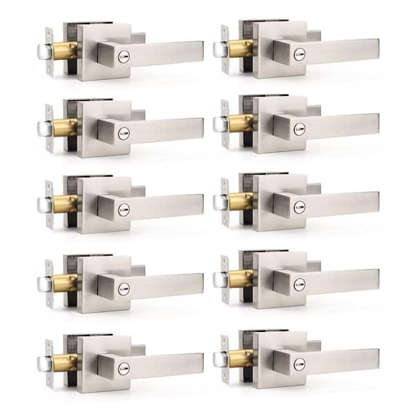 Privacy Door Lever Interior Bed Bath Keyless Lock Satin Nickel Finish Reversible Square Design 10 Pack (1-Pair)