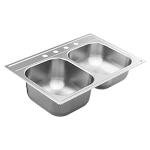 2000 Series Stainless Steel 33 in. 4-Hole Double Bowl Drop-In Kitchen Sink with 9 and 7 in. Depth