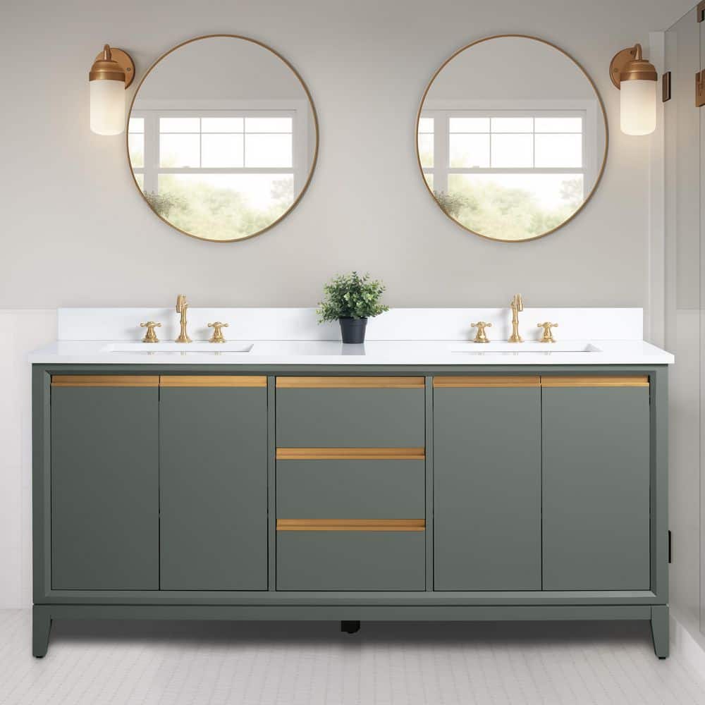 72" Vintage Green Double Sink Bathroom Vanity with Marble Top