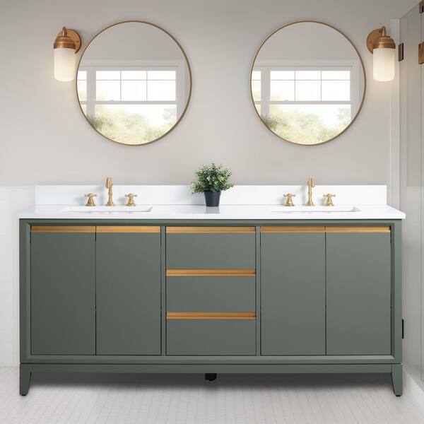 Vanity Art 72 in. W x 22 in. D x 34 in. H Double Sink Bathroom Vanity Cabinet in Vintage Green with Engineered Marble Top