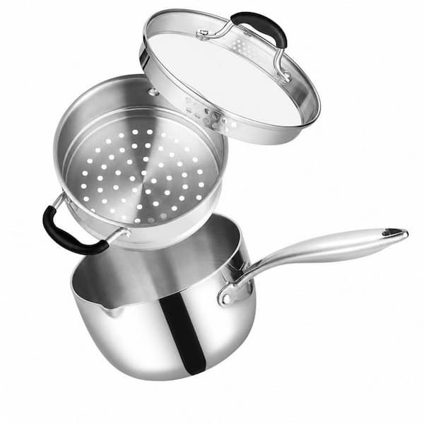 Silver 2.5 qt. Stainless Steel Tri-Ply Whole-Clad Saucepan with Steamer Pour Spout Strainer Glass Lid Stay-Cool Handle