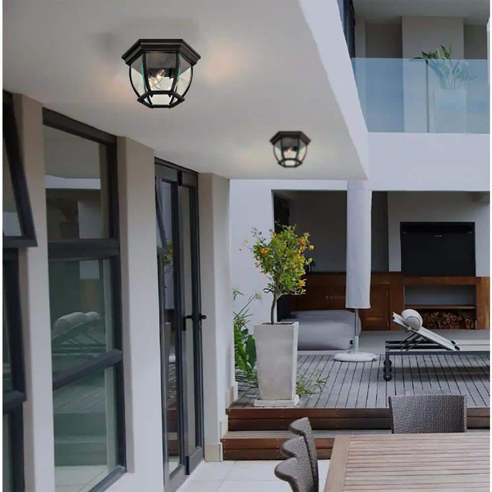 Black Bevel Bend Glass 3-Light Outdoor Flush Mount