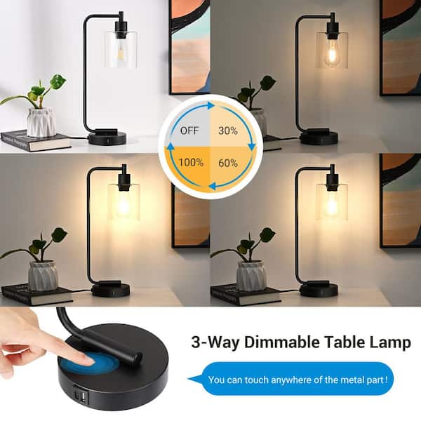 19 in. Black Metal Dimmable Touch Control Table Lamp with Glass Shade and USB Port