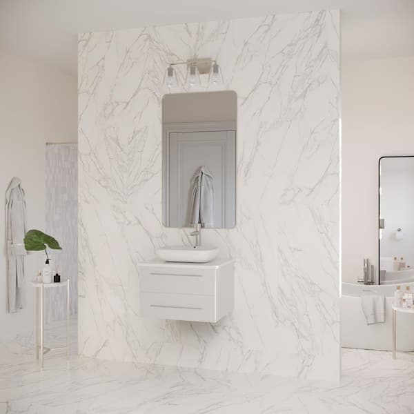Lucera 24 in. Single Sink Wall Mount Floating White Bath Vanity with White Quartz Top and Vessel Ceramic Sink