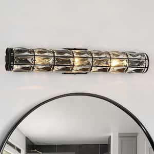 Modern Transitional 23.6 in. 3-Light Black Vanity Light with Crystal Shade Glam Cylinder Wall Sconce for Powder Room