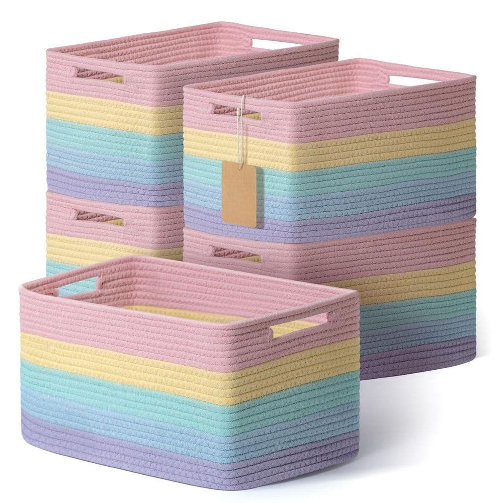 Multicolor 13.8 in. x 7.9 in. Cotton Decorative Basket with Handles Set of 5 product image for price tracking