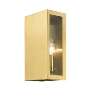 Chamberlain 11 in. 2-Light Satin Gold Outdoor Hardwired ADA Wall Lantern Sconce with No Bulbs Included