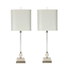 Pair of 26 in. Polished Nickel, Marble & Crystal Indoor Table Lamps with Decorator Shade