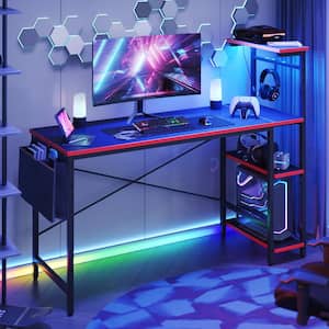 51 in. Rectangular Black Carbon Fiber LED Gaming Desk with 4-Tier Reversible Storage Shelves and Storage Bag