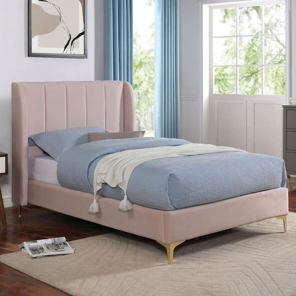 Sandia Crest Light Pink Metal Upholstered Frame Twin Platform Bed with Wing-Back Headboard