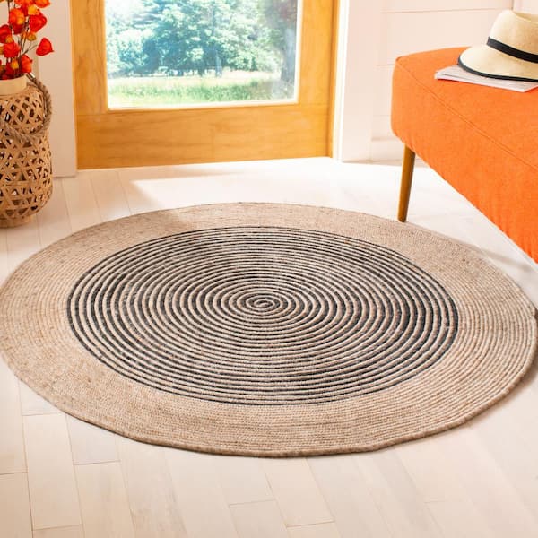 Braided Beige/Black 5 ft. x 5 ft. Round Striped Area Rug