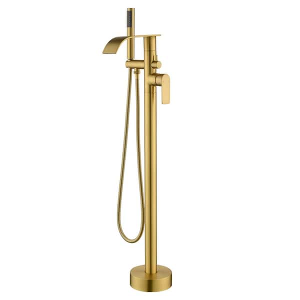 Unbranded 1-Handle Freestanding Floor Mount Tub Faucet Bathtub Filler with Hand Shower in Brushed Gold