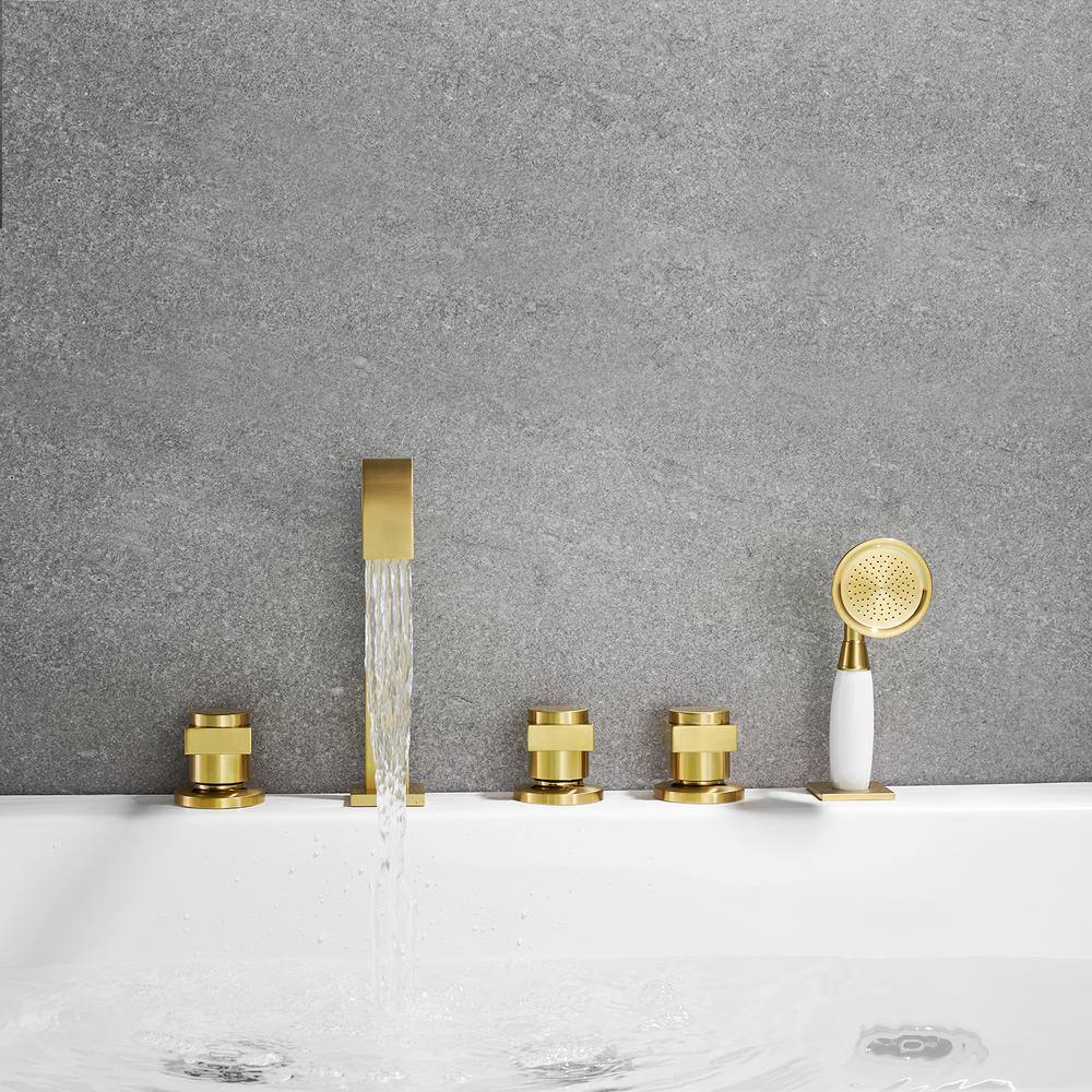 Brushed Gold Stainless Steel Triple Handle Deck-Mount Roman Tub Faucet