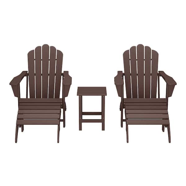 Aderson Dark Brown 5-Piece Outdoor Plastic Adirondack Chairs w/ Cupholders, Side Table, Ottoman Patio Conversation Set