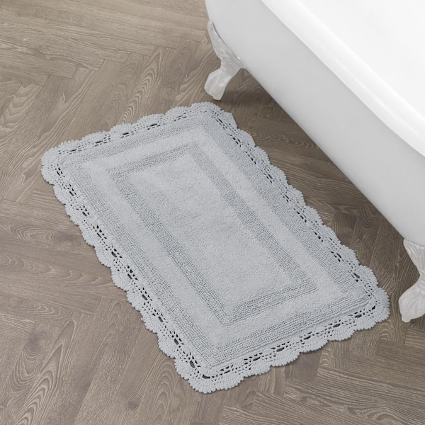 Crochet Light Gray/Green 21 in. x 34 in. Solid 100% Cotton Bath Rug