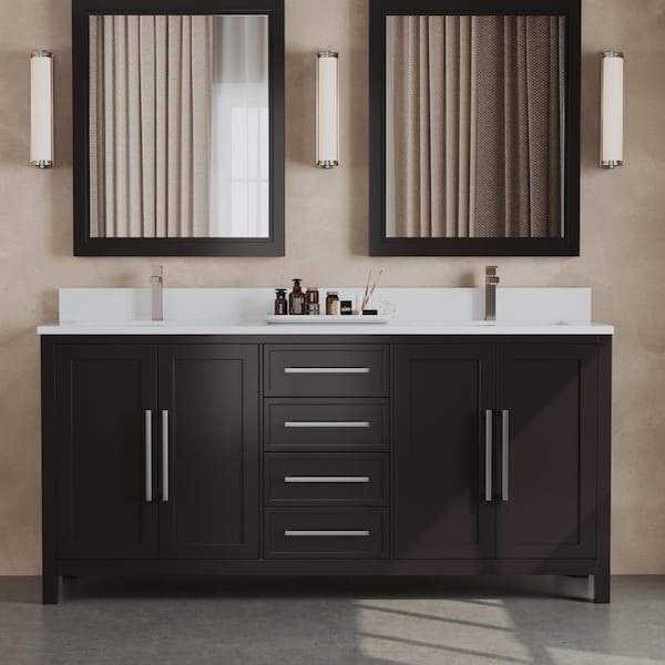 Urban Woodcraft Acadian 72 in. W x 22 in. D x 36 in. H Double Sink Bath Vanity in Espresso with White Quartz Top and Mirrors