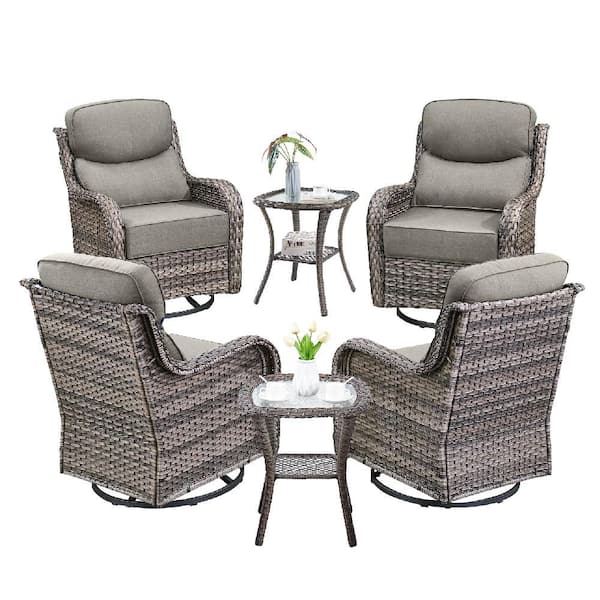 Jhxl Series 6-Piece Gray Wicker Patio Conversation Deep Seating Set with Blue Cushions