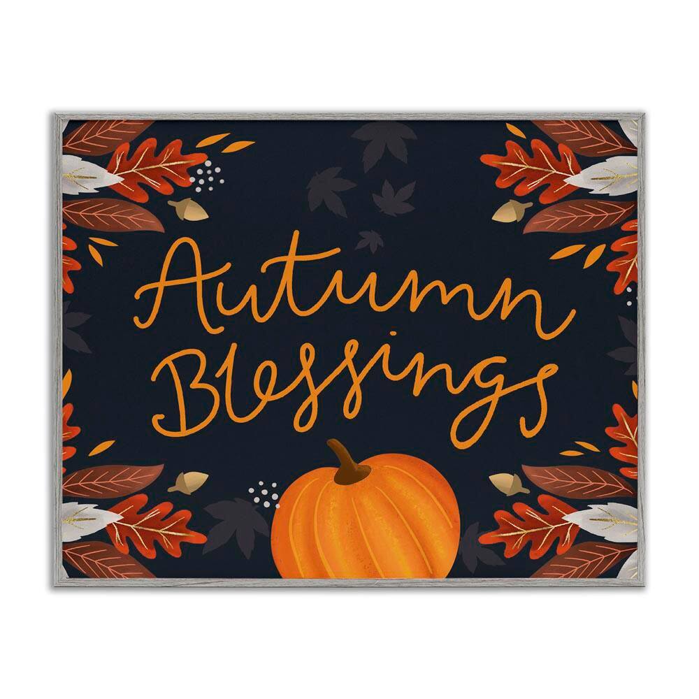 Autumn Blessings Fall Leaves Pumpkin by Louise Allen Designs Gray Framed Graphic Typography Art Print 11 in. x 14 in.