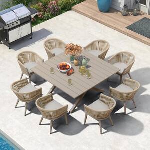9 Piece Aluminum All-Weather PE Rattan Square Outdoor Dining Set with Cushion, Champagne
