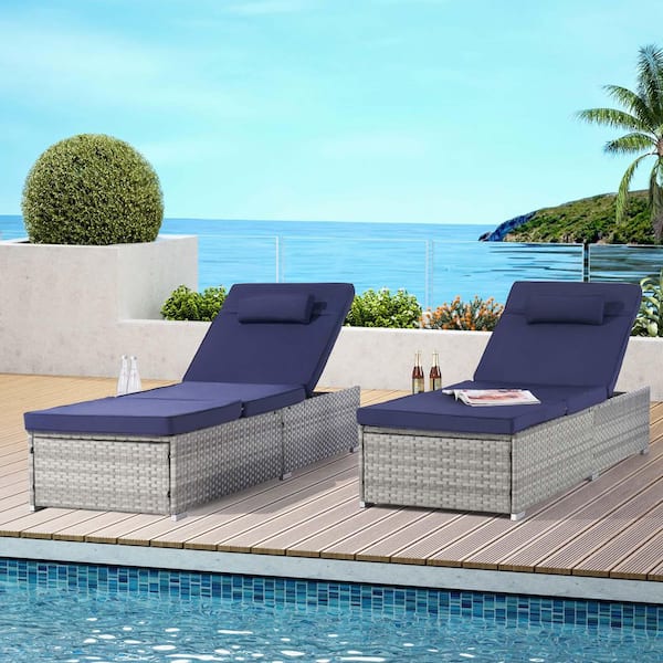 Tenleaf 2-Piece Wicker Outdoor Chaise Lounge with Dark Blue Cushions, Adjustable Backrest, Table