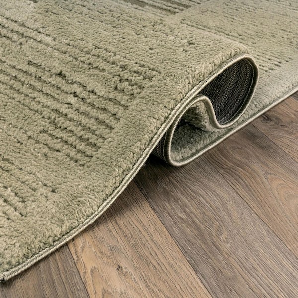 Striped Framed Border Power Loomed Soft Shag High-Low Indoor 2 ft. x 12 ft. Green Area Rug