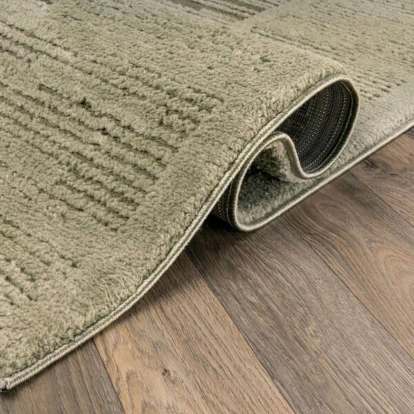 Striped Framed Border Power Loomed Soft Shag High-Low Indoor 5 ft. x 7 ft. Green Area Rug